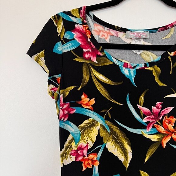 Pretty Young Thing Bright Floral Midi Fit & Flare Dress Sz S Black Knit - Picture 4 of 11